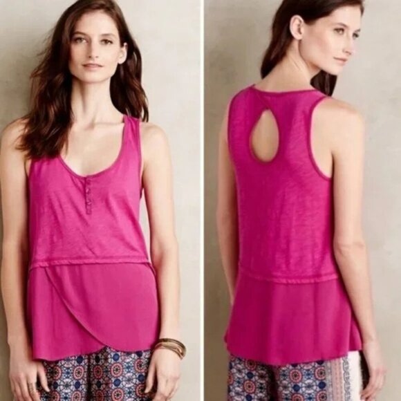 Anthropologie Little Yellow Button Pink Henley Keyhole Tiered Tank Top Size S Bo - Picture 1 of 8